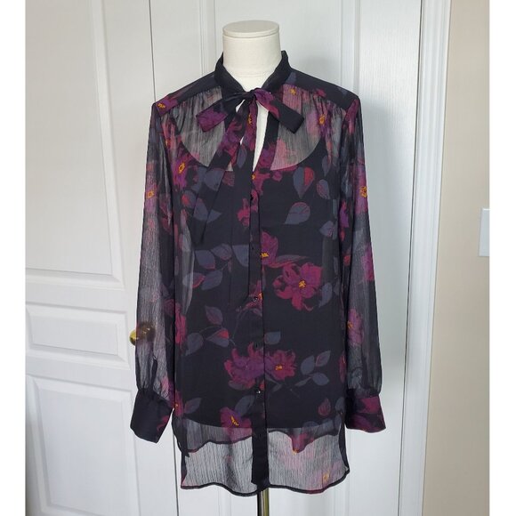 Reitmans Sheer Blouse Bow Necktie Black Floral Size S - Picture 1 of 3